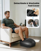 A man sits in a light beige armchair with his foot in a black foot massager on the floor. The image includes text reading 'Detachable & Washable Foot Cover' and two inset demonstration panels showing the cover being removed and washed in a machine.