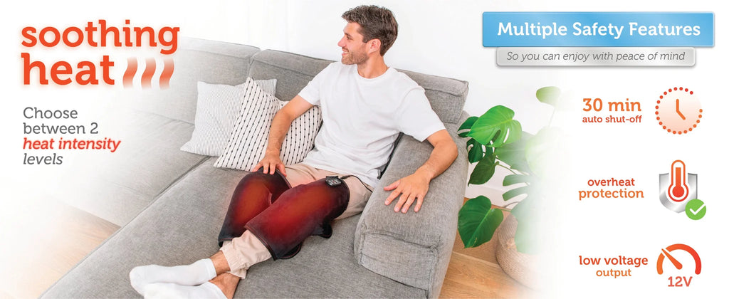 Person using a heating device on a couch with product features highlighted