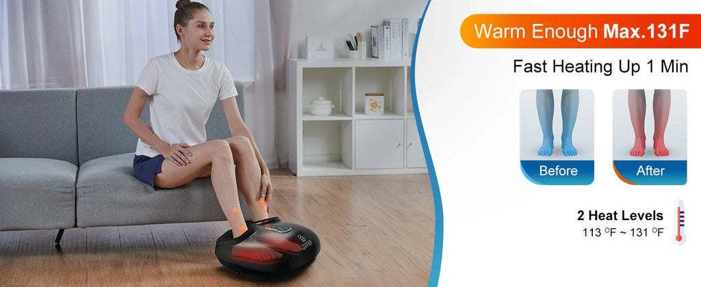 A woman sits on a gray sofa in a living room while using a black and red foot massager on the floor. The right side of the image contains promotional text reading 'Warm Enough Max.