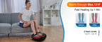 A woman sits on a gray sofa in a living room while using a black and red foot massager on the floor. The right side of the image contains promotional text reading 'Warm Enough Max.