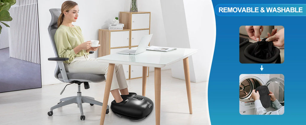 A woman sits in a gray office chair at a white desk, using a black foot massager placed under her foot. The scene is split with a blue panel on the right showing the massager being removed and washed, with text reading 'REMOVABLE & WASHABLE'.