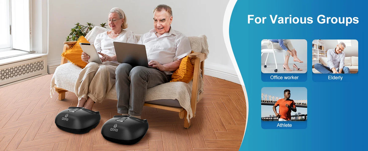 Two people sitting on a sofa in a living room using black foot massager devices placed on the floor, with a blue graphic panel on the right reading 'For Various Groups' and showing examples for office workers, the elderly, and athletes.