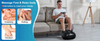 A man sits on a gray sofa in a living room while using a black foot massage device on his feet. The left side has a blue graphic panel with text reading 'Massage Foot & Relax body' and three inset photos showing kneading, rolling, and vibration.
