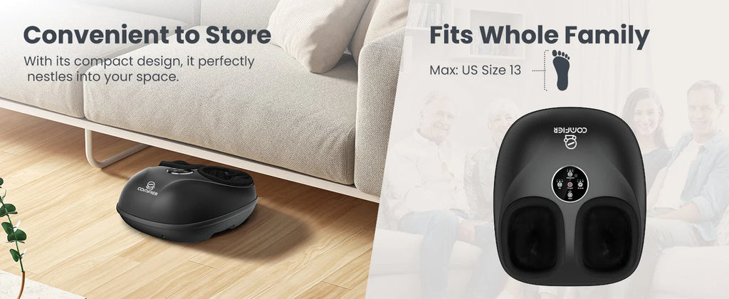 A compact black robotic vacuum cleaner shown on a wooden floor next to a sofa, with promotional text reading 'Convenient to Store' and a larger close-up of the vacuum on the right. The image also includes a family photo and the text 'Fits Whole Family' and 'Max: US Size 13'.