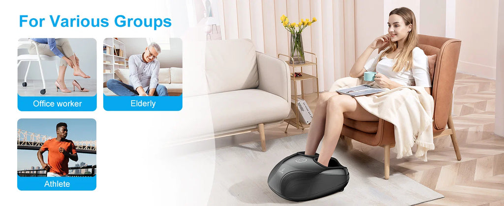 A black foot massage machine shown on a light-colored floor in a living room setting, with a woman seated in a brown armchair beside it. The image includes promotional text reading 'For Various Groups' with small inset photos labeled Office worker, Elderly, and Athlete.