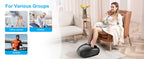 A black foot massage machine shown on a light-colored floor in a living room setting, with a woman seated in a brown armchair beside it. The image includes promotional text reading 'For Various Groups' with small inset photos labeled Office worker, Elderly, and Athlete.