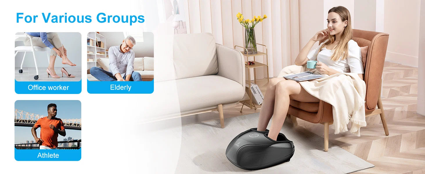 A black foot massage machine shown on a light-colored floor in a living room setting, with a woman seated in a brown armchair beside it. The image includes promotional text reading 'For Various Groups' with small inset photos labeled Office worker, Elderly, and Athlete.