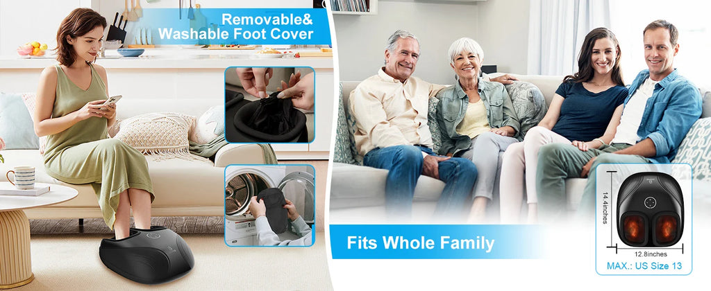 A foot massager shown in a living room setting with a woman using it, family members sitting on a couch nearby, close-up inset photos of the massager and cover, and a small product dimension graphic. Text reads 'Removable & Washable Foot Cover' and 'Fits Whole Family.
