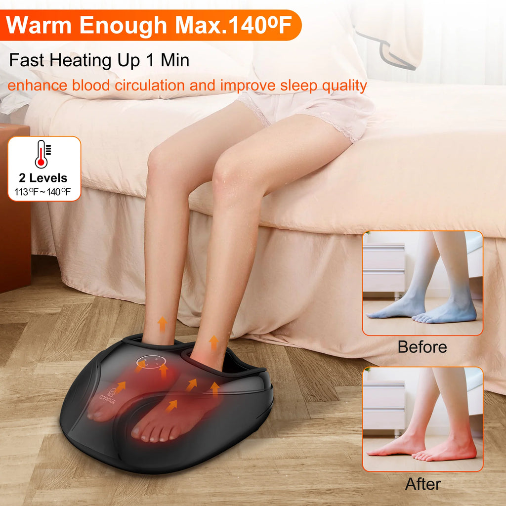 Person using a foot warmer with text indicating temperature and benefits on a wooden floor.