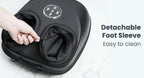 A black foot massager with a detachable foot sleeve being opened by a hand, shown on a light marble-like surface with text reading 'Detachable Foot Sleeve' and 'Easy to clean'.