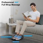 A man sits on a gray sofa reading a magazine while using a black foot massage device on his feet. The scene includes text overlays describing massage functions such as arch, foot tip kneading, rolling, heel rolling and squeezing, and a headline reading 'Professional 360° Full Wrap Massage.