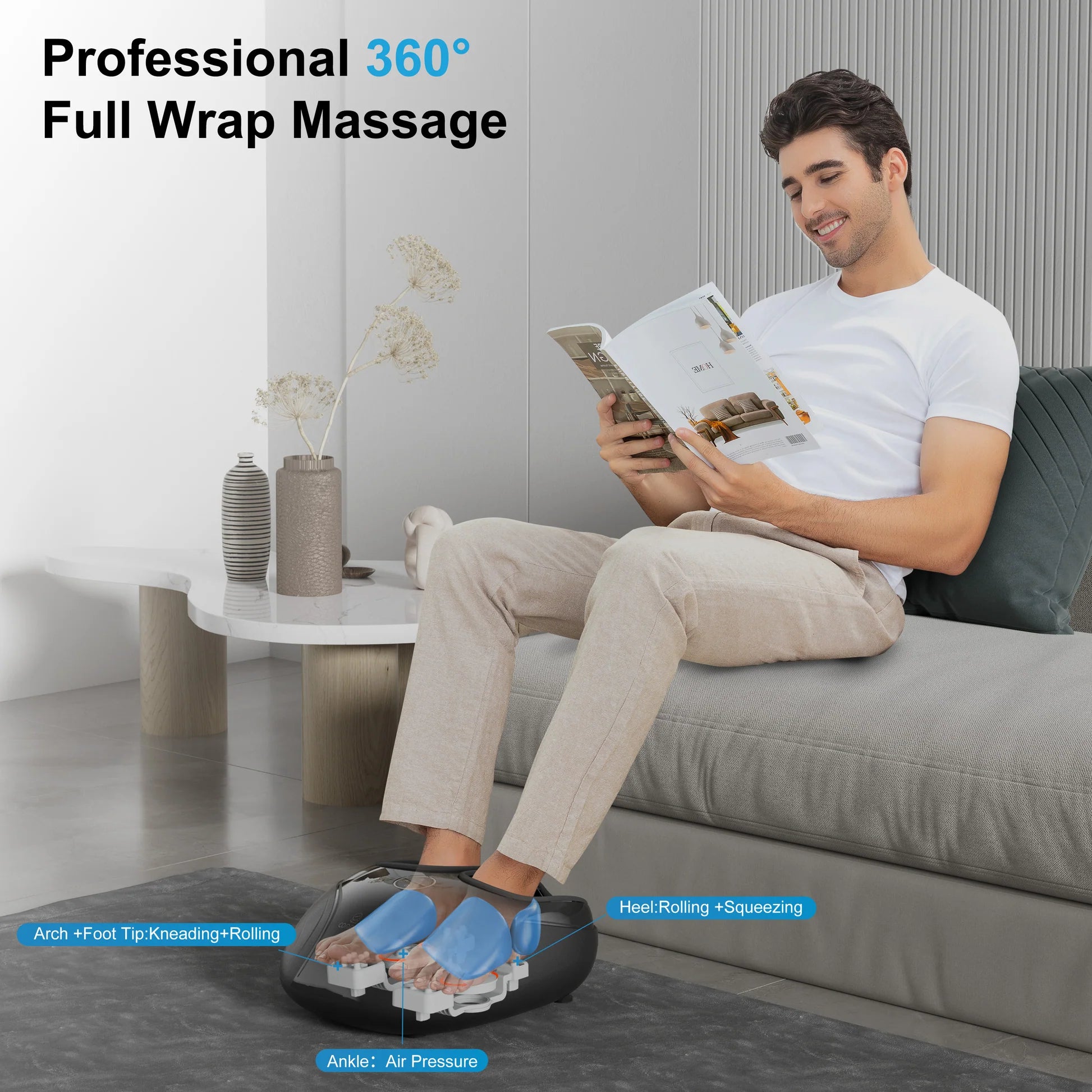 A man sits on a gray sofa reading a magazine while using a black foot massage device on his feet. The scene includes text overlays describing massage functions such as arch, foot tip kneading, rolling, heel rolling and squeezing, and a headline reading 'Professional 360° Full Wrap Massage.