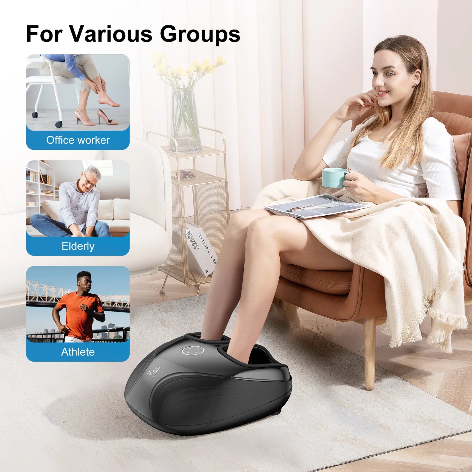 A black foot massage machine shown in a living room scene with a woman sitting in a brown armchair and placing her feet inside the device. The image includes the text 'For Various Groups' and three inset photos labeled 'Office worker,' 'Elderly,' and 'Athlete.