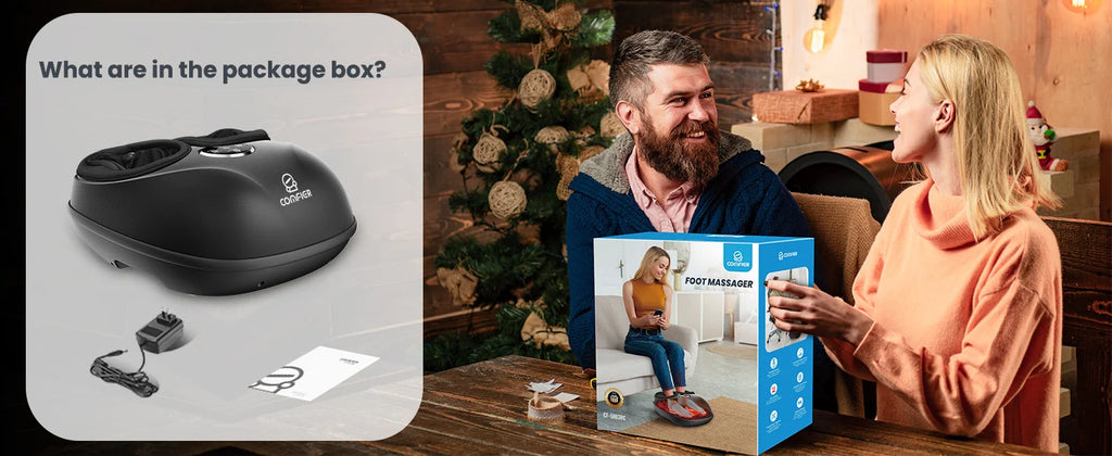 A promotional composite for a foot massager. On the left, a large inset shows the black foot massager and its accessories with the text 'What are in the package box?'.