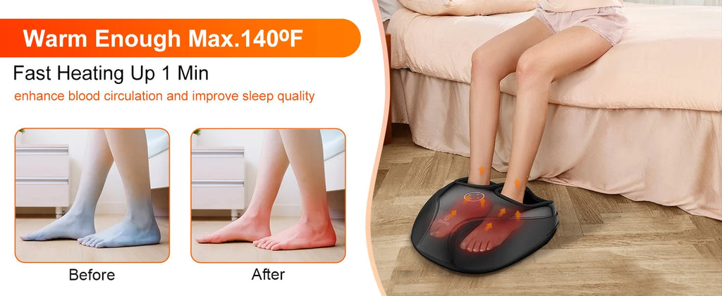 A foot massage pad shown in a bedroom scene with a person sitting on a bed and their feet inside the device. The left side includes marketing text and before/after sock imagery demonstrating warmth and circulation benefits.