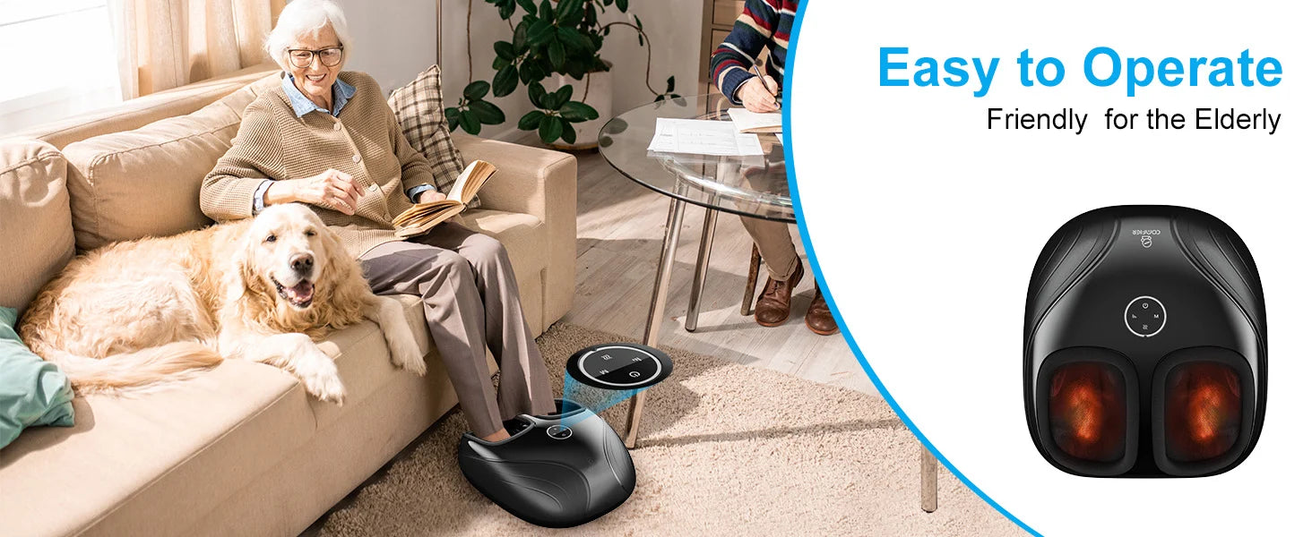 A home scene shows an elderly woman sitting on a beige sofa with a golden retriever dog, while a black robotic foot massager moves on the carpet. The right side has a white panel with blue text reading 'Easy to Operate Friendly for the Elderly' and a large close-up of the black foot massager.