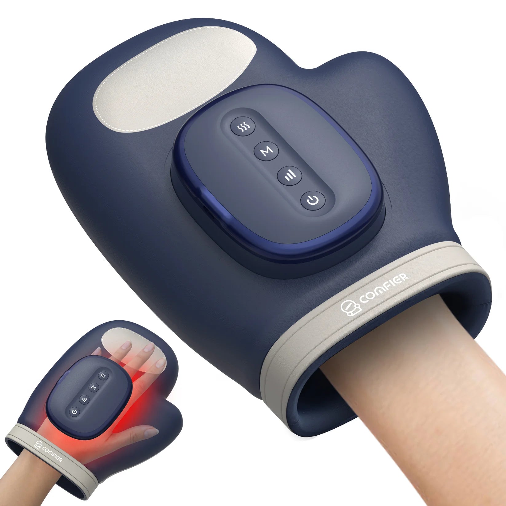 Blue massage glove with control panel on a white background