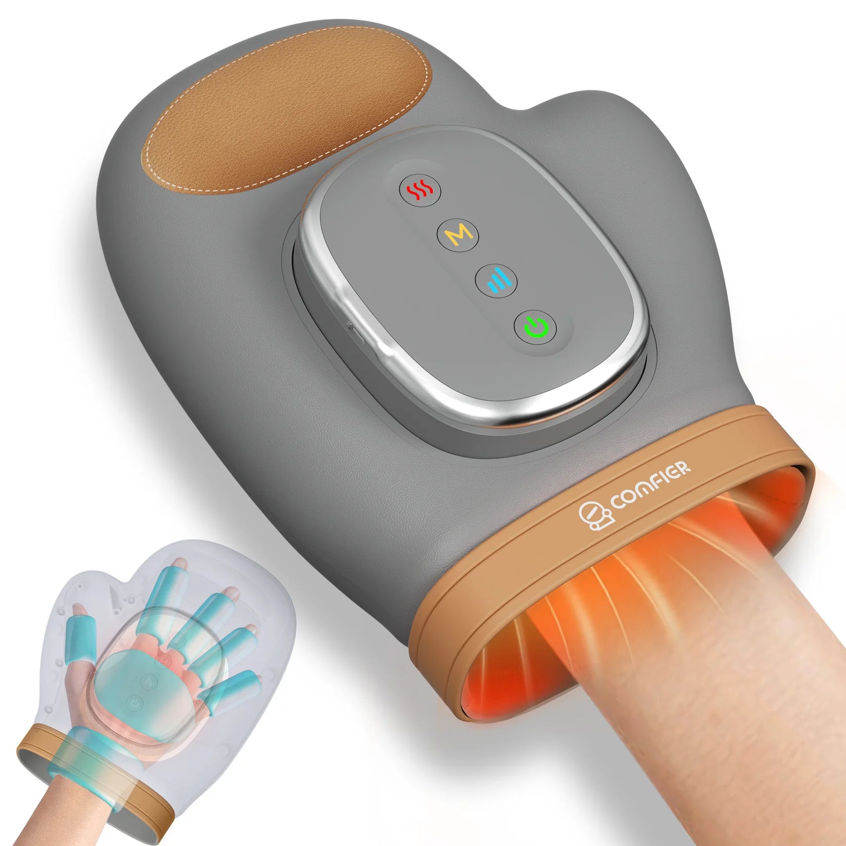 Handheld massage device with digital display and control buttons on a white background