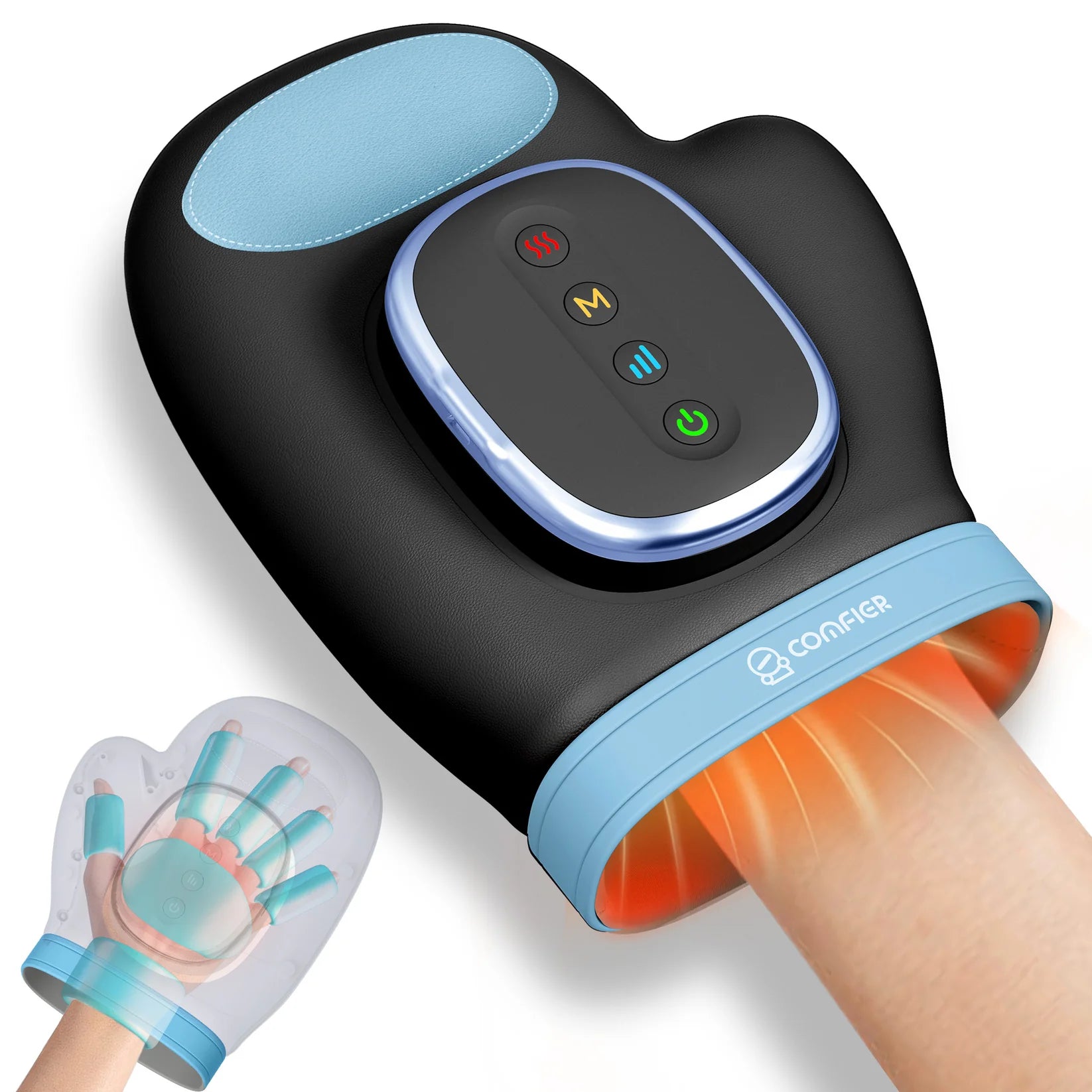 Black and blue massage glove with digital display on a white background