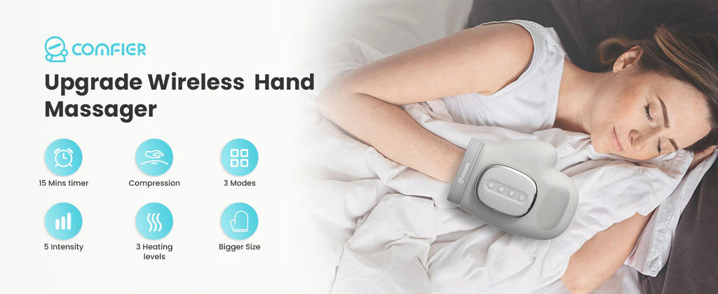 Woman using a wireless hand massager with product features displayed on screen