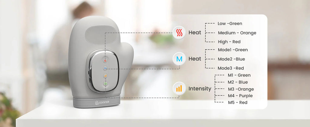 Gray electronic device with color and intensity indicators on a blurred background