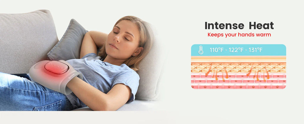 Woman using a hand warmer on a couch with temperature display