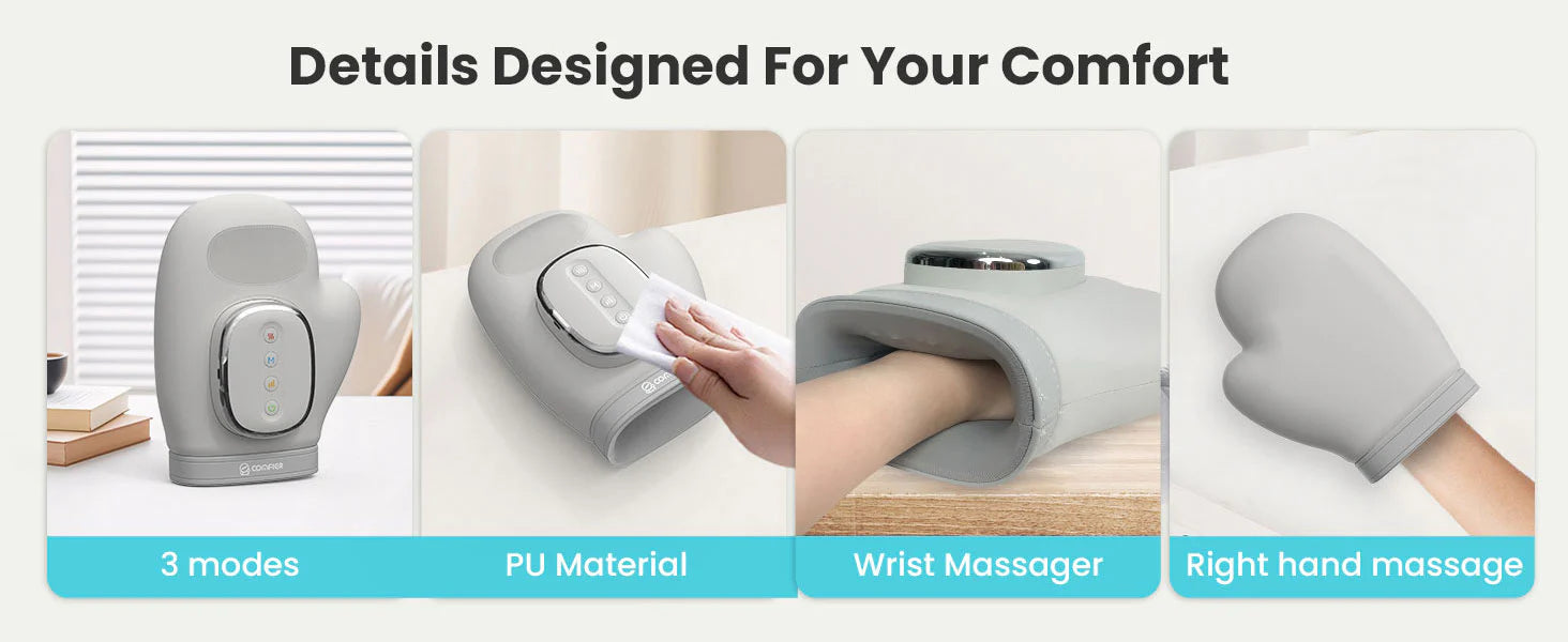 Wrist and hand massager with text highlighting features on a white background
