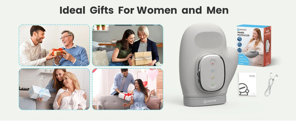 Advertisement for ideal gifts for women and men, featuring a product and people exchanging gifts.