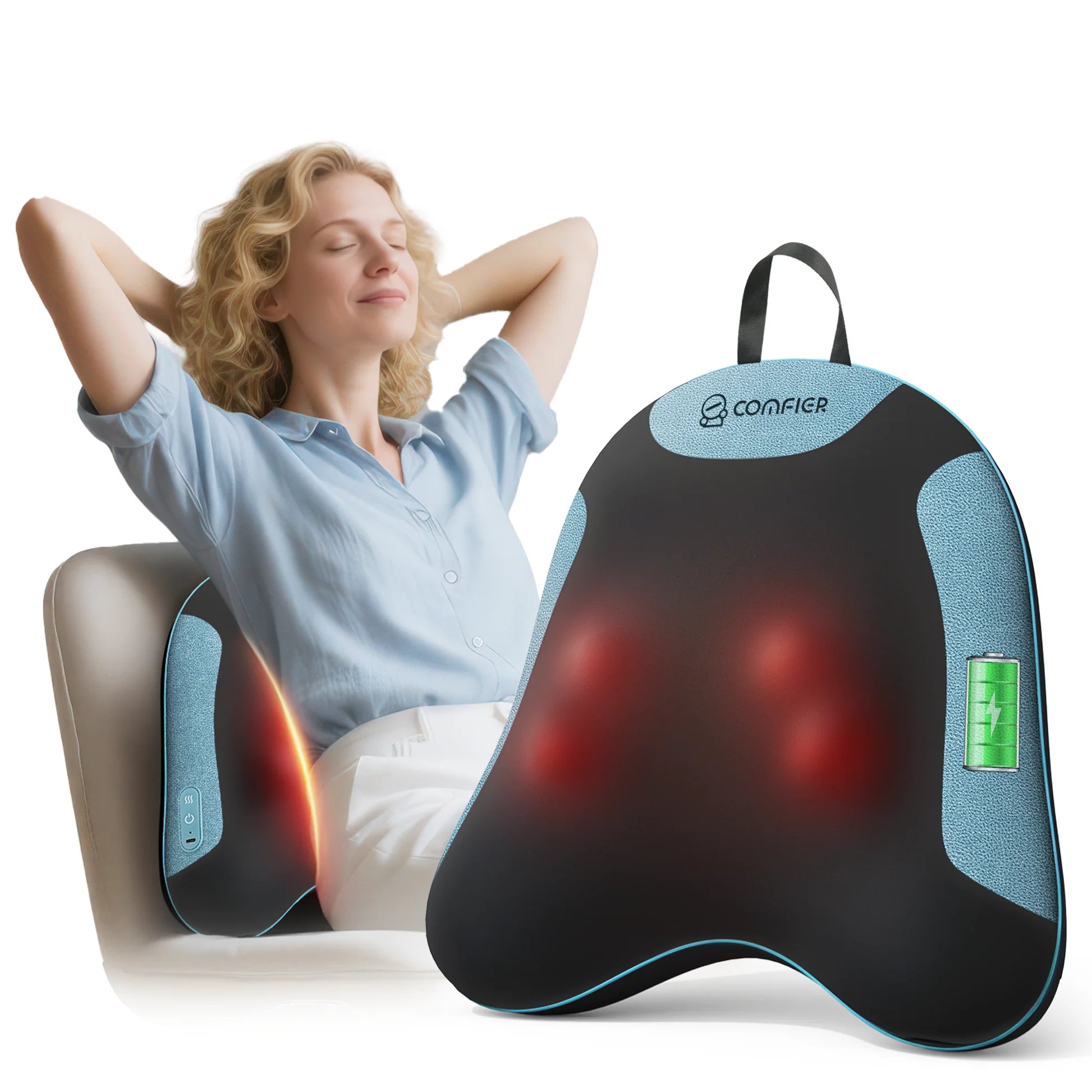 A woman reclines on a chair using a Configer neck and shoulder massage pillow, with the product shown prominently in the foreground on a white background. The pillow is black with light blue side panels and a small green battery indicator light.