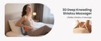 A promotional banner for a 3D Deep Kneading Shiatsu Massager. The left side features a woman sitting on a bed using the blue and red electric massager, while the right side displays the text '3D Deep Kneading Shiatsu Massager' and 'Lifelike shiatsu massage' next to a small inset image of hands performing a shiatsu massage.