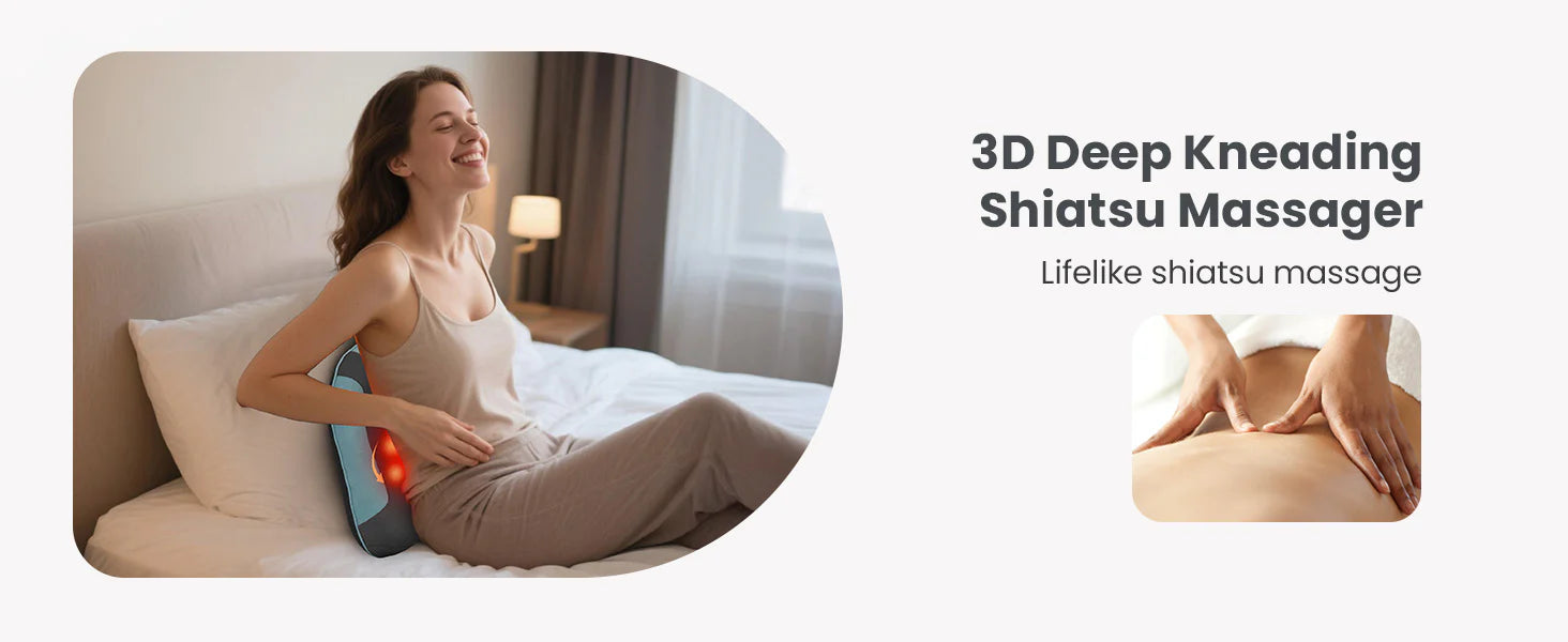 A promotional banner for a 3D Deep Kneading Shiatsu Massager. The left side features a woman sitting on a bed using the blue and red electric massager, while the right side displays the text '3D Deep Kneading Shiatsu Massager' and 'Lifelike shiatsu massage' next to a small inset image of hands performing a shiatsu massage.