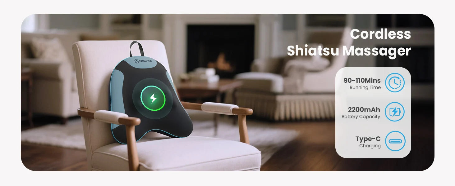 Cordless shiatsu massager shown resting on a beige armchair in a living room setting, with product features listed on the right including 90-110 mins running time, 2200mAh battery capacity, and Type-C charging.