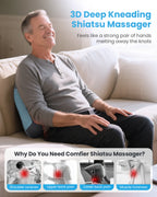 A man sits on a beige sofa using a blue and gray 3D deep kneading shiatsu massage pillow, with promotional text and small benefit images along the bottom.
