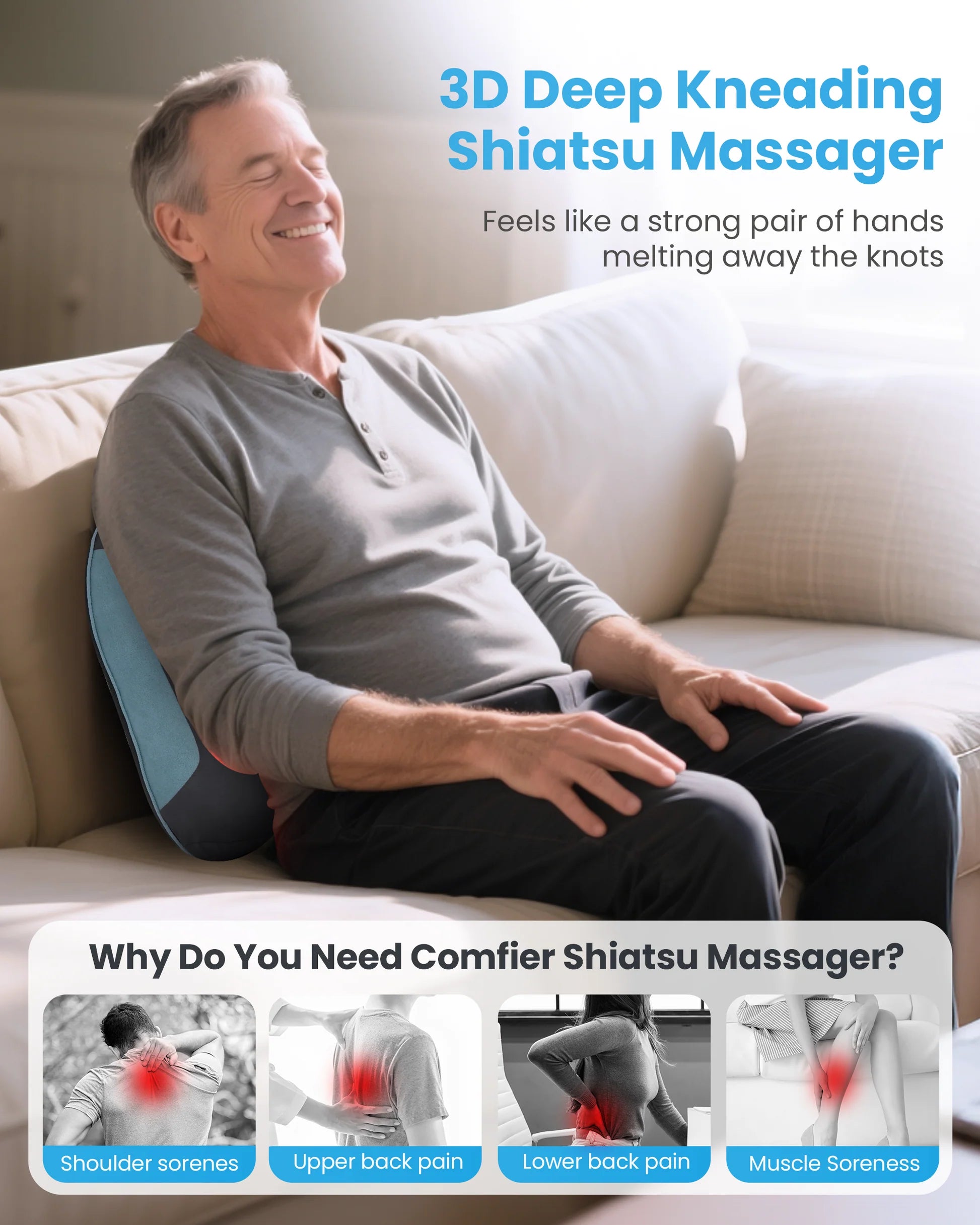 A man sits on a beige sofa using a blue and gray 3D deep kneading shiatsu massage pillow, with promotional text and small benefit images along the bottom.