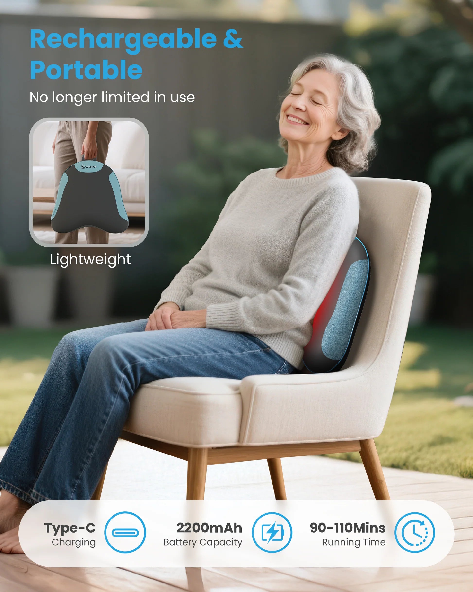Woman using a massage chair pillow with text about rechargeable and portable features.
