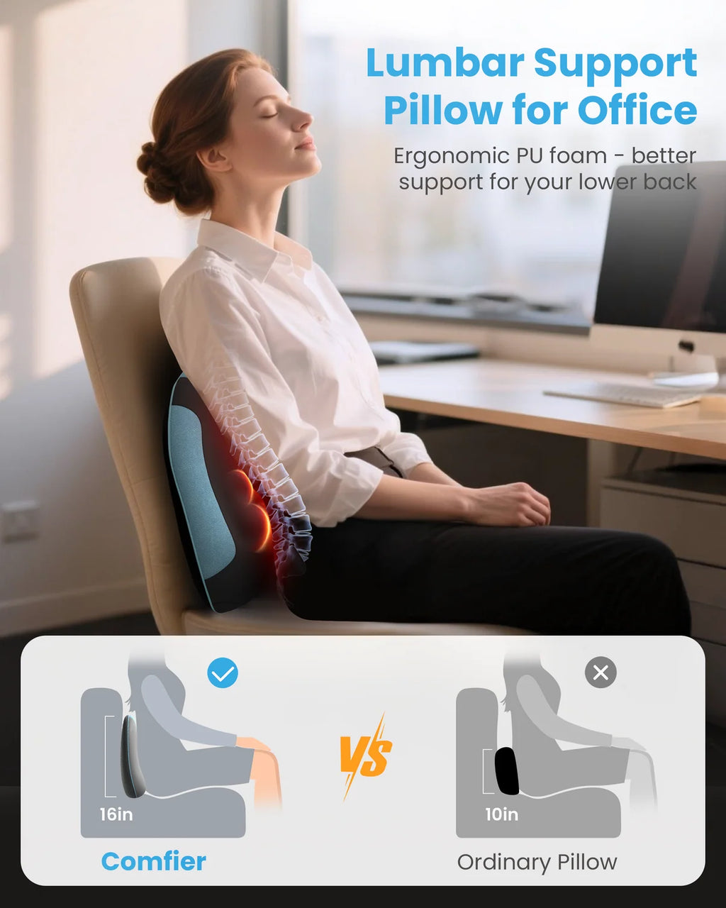 A woman sits in an office chair with a lumbar support pillow inserted behind her lower back, shown in a promotional graphic with text and a comparison diagram at the bottom. The pillow is light blue with red and orange highlighted back support areas.