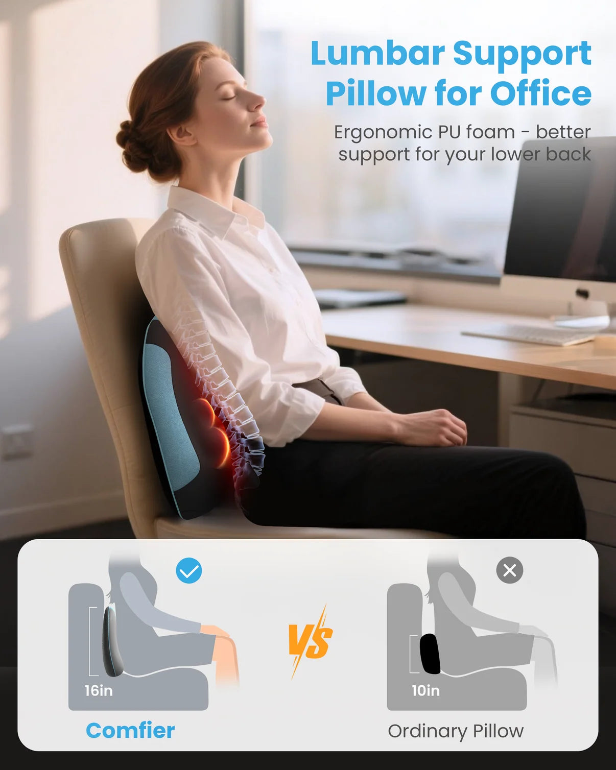 A woman sits in an office chair with a lumbar support pillow inserted behind her lower back, shown in a promotional graphic with text and a comparison diagram at the bottom. The pillow is light blue with red and orange highlighted back support areas.