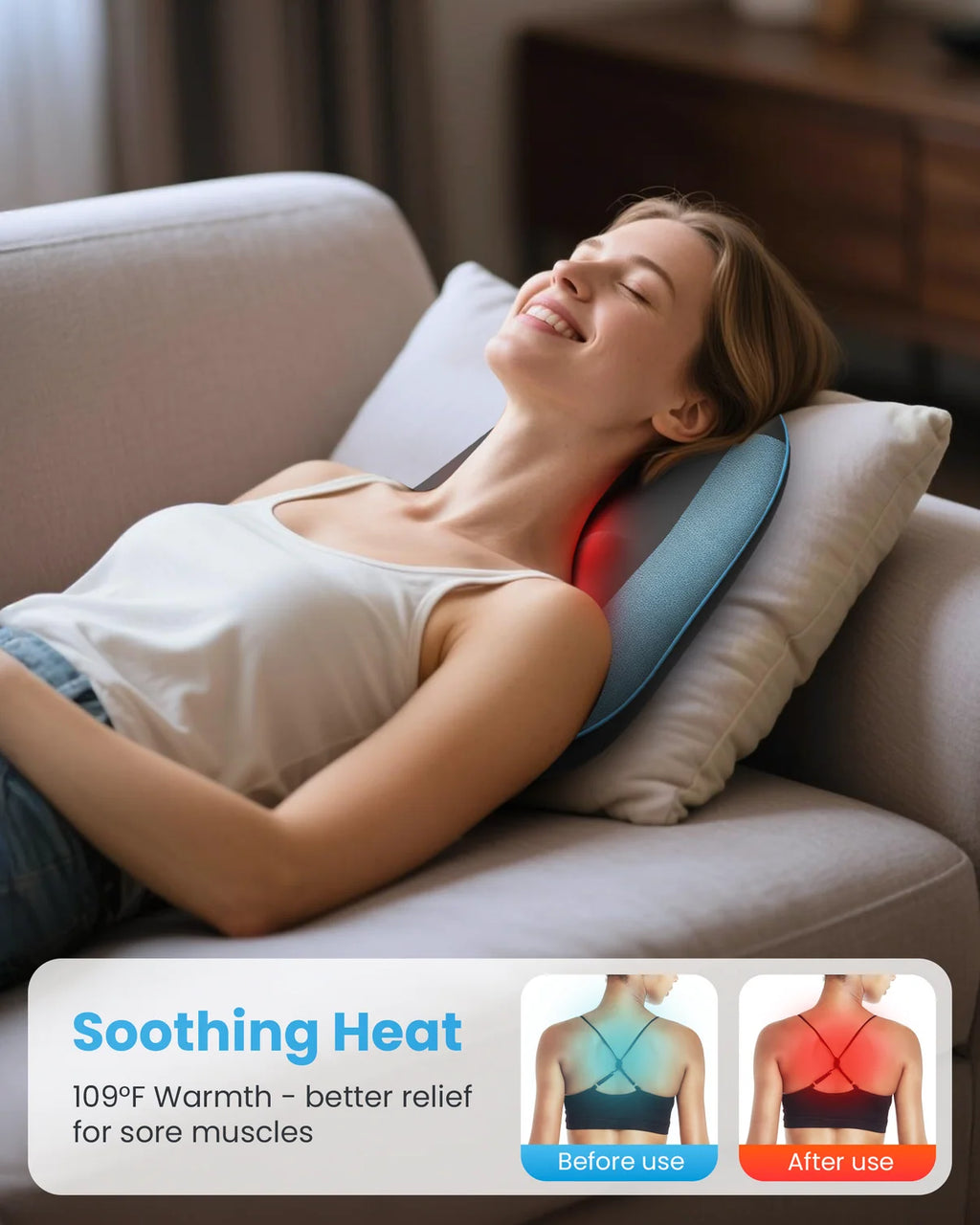 Woman using a neck pillow with soothing heat feature on a couch
