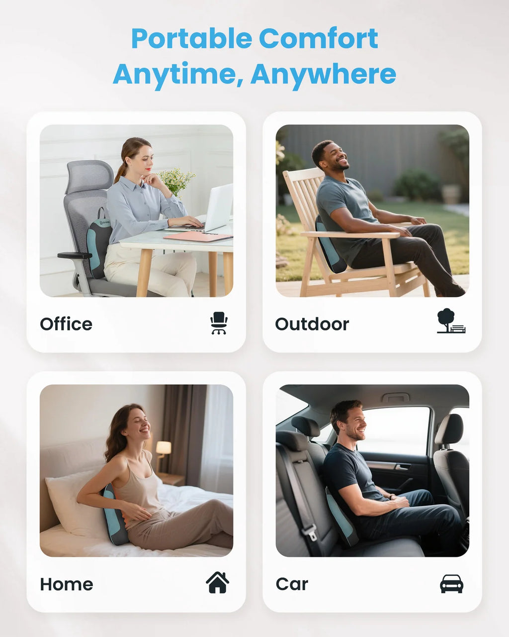 Promotional graphic for a portable lumbar support cushion, showing four lifestyle panels labeled Office, Outdoor, Home, and Car. The top text reads 'Portable Comfort Anytime, Anywhere.
