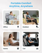 Promotional graphic for a portable lumbar support cushion, showing four lifestyle panels labeled Office, Outdoor, Home, and Car. The top text reads 'Portable Comfort Anytime, Anywhere.