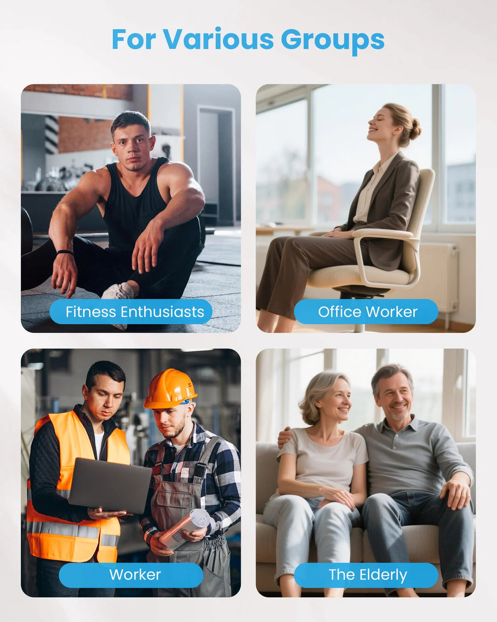 A promotional collage with the heading 'For Various Groups' and four rounded photo panels showing people: a fitness enthusiast, an office worker, a worker in a hard hat, and an elderly couple. Blue labels identify each group.