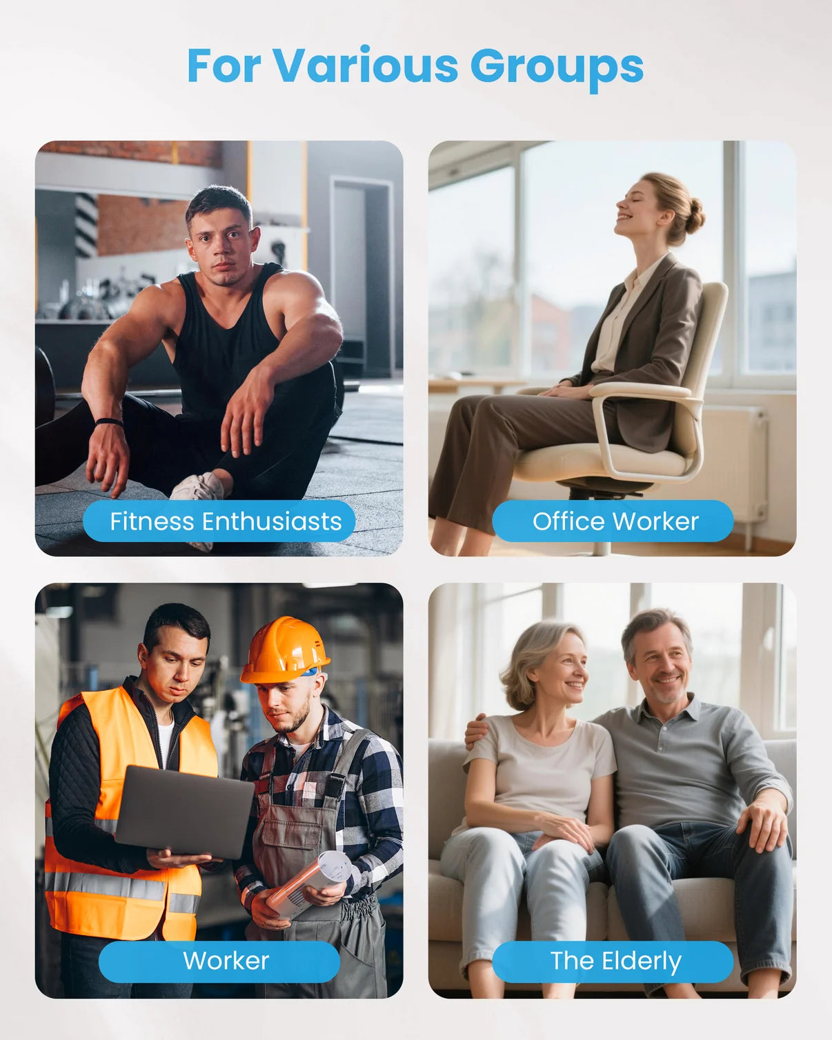 A promotional collage with the heading 'For Various Groups' and four rounded photo panels showing people: a fitness enthusiast, an office worker, a worker in a hard hat, and an elderly couple. Blue labels identify each group.