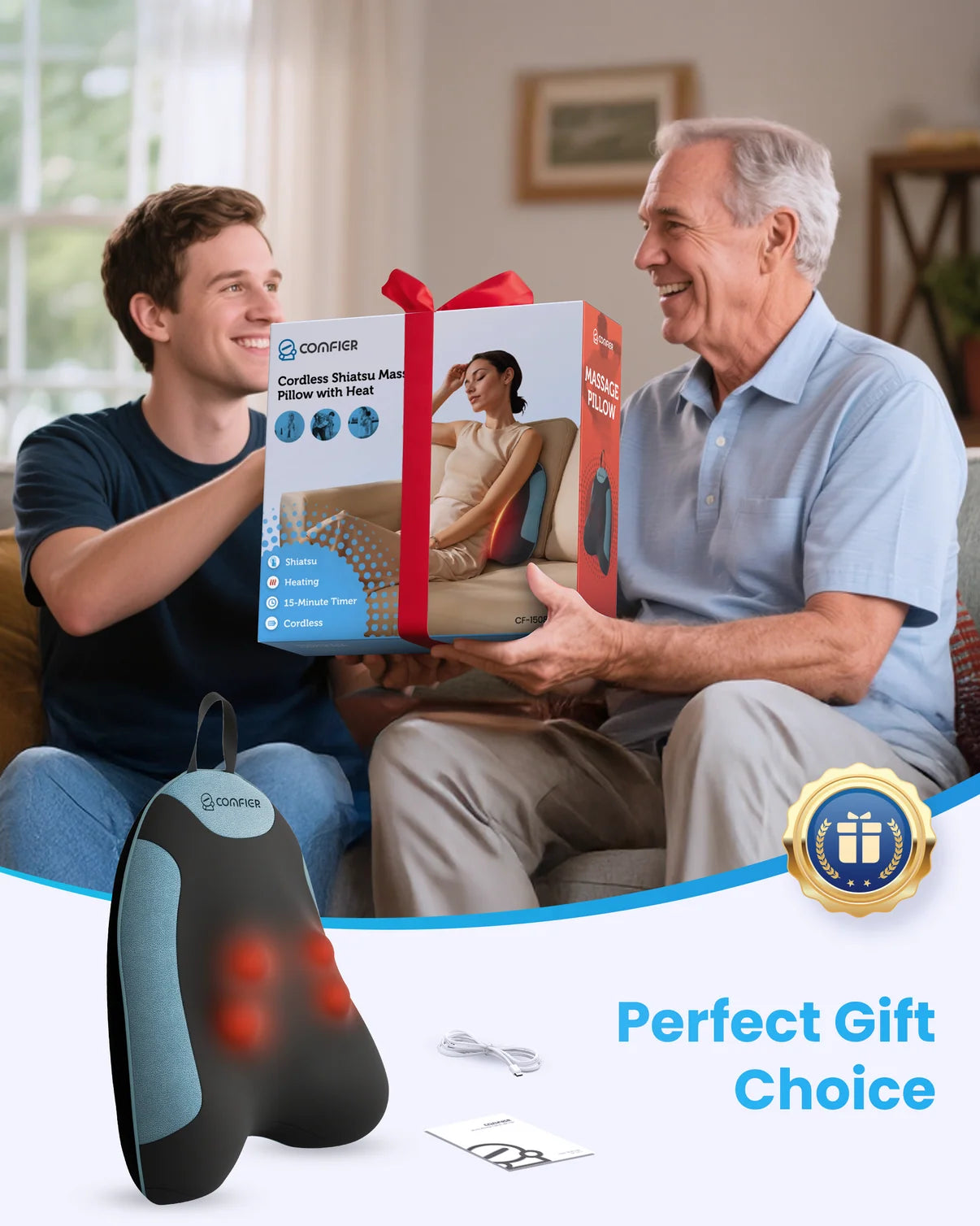 Man giving a gift box to an older man with a product in the foreground, labeled 'Perfect Gift Choice'.
