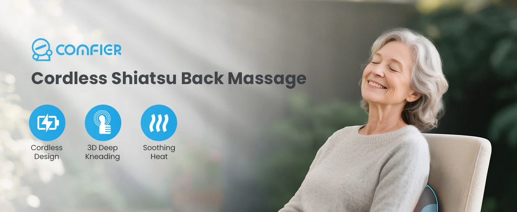 An older woman sits in a chair smiling with her eyes closed, using a cordless shiatsu back massage pillow. The left side features the brand logo 'COMFIER' and text highlighting key features: 'Cordless Design', '3D Deep Kneading', and 'Soothing Heat'.