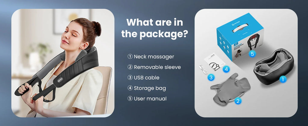 Neck massager package contents displayed on a dark blue background, including a woman using the neck massager, the product box, a gray sleeve, a USB cable, a storage bag, and a user manual.