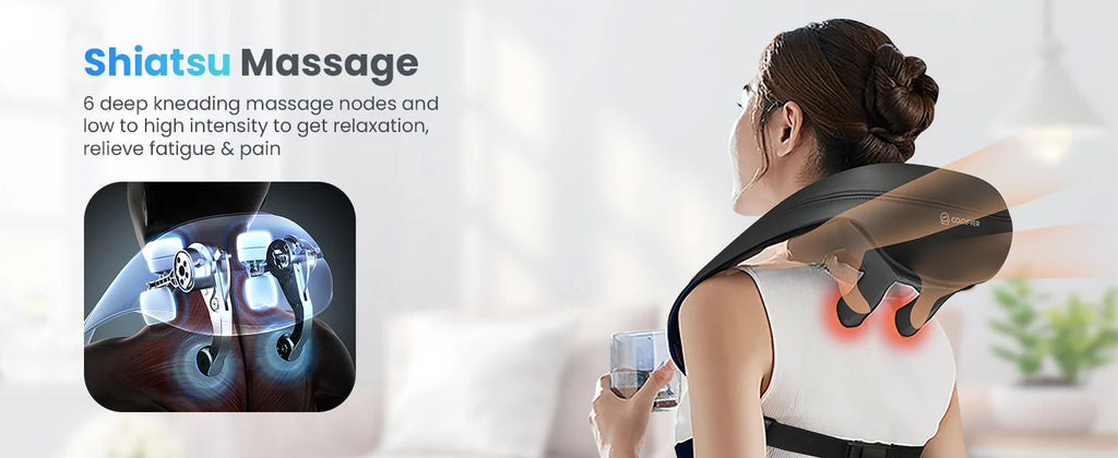 A woman shown from the back wearing a black Shiatsu massage neck and shoulder device with red heat indicators, in a bright indoor setting. The left side includes text describing the massage nodes and intensity, plus a small inset graphic showing the massage head details.