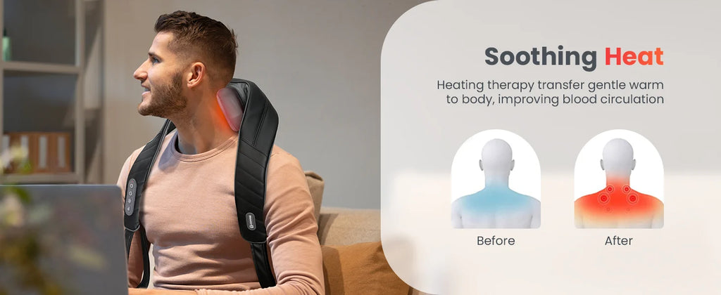 A man wearing a black neck and shoulder massage pillow on his upper back, shown in profile in a home setting. The right side of the image features a graphic overlay with the text 'Soothing Heat' and 'Before' and 'After' illustrations showing heat distribution on the neck.