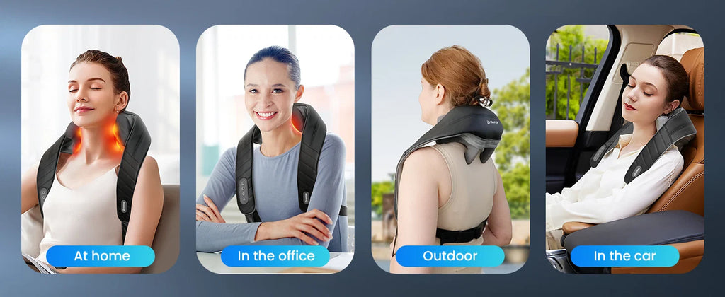 A four-panel promotional graphic showing a neck and shoulder massager worn by a woman in different settings: at home, in an office, outdoors, and in a car. Each panel shows the device around the neck with a highlighted heat area, set against a dark blue background with blue labels.