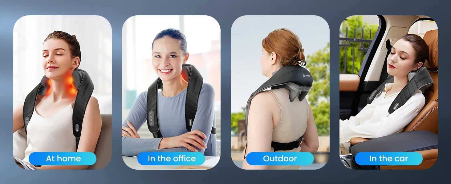 A four-panel promotional graphic showing a neck and shoulder massager worn by a woman in different settings: at home, in an office, outdoors, and in a car. Each panel shows the device around the neck with a highlighted heat area, set against a dark blue background with blue labels.