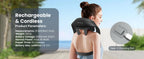 A woman shown from behind wearing a black rechargeable cordless neck and upper back massager, with product feature text on the left and a charging port detail inset on the right.